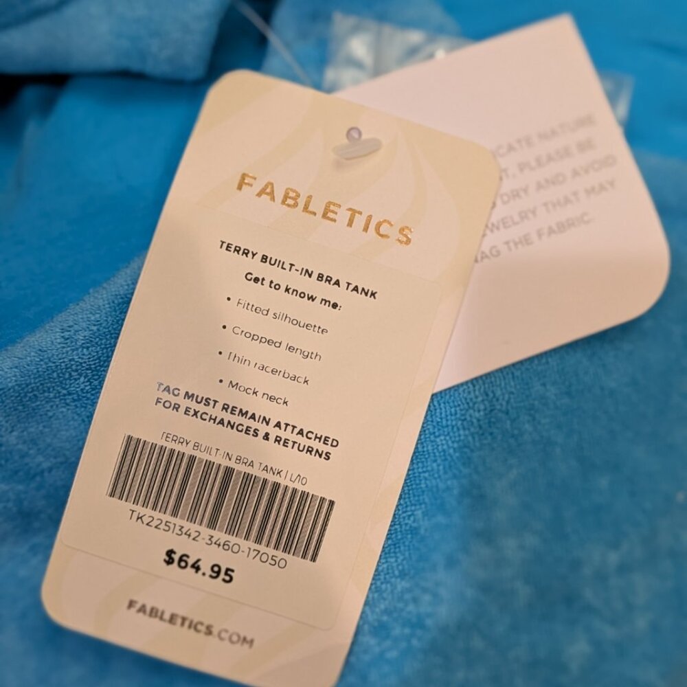 Fabletics Aqua Blue Terry Built-In Bra Tank, Size L, New With Tags! - Picture 10 of 10